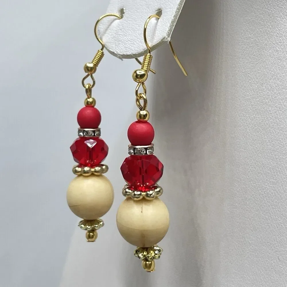 Artisan Red Crystal Glass Wood Beaded Gold Tone Earrings Dangle Boho Unique